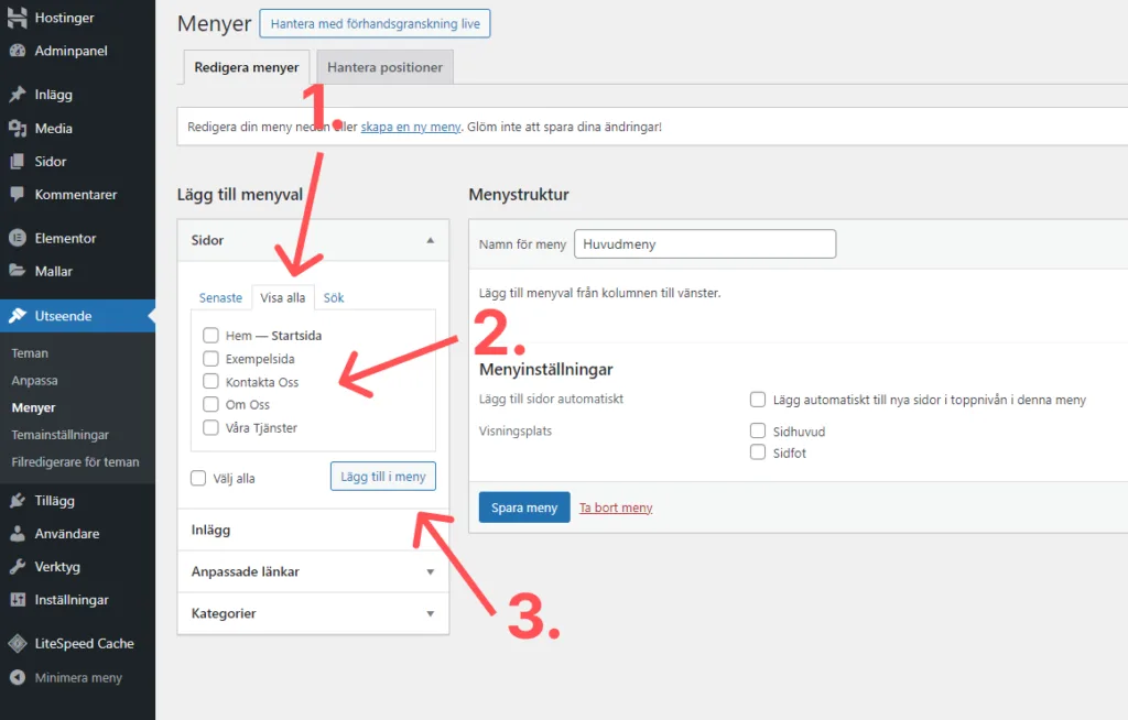Skapa WordPress meny steg 2