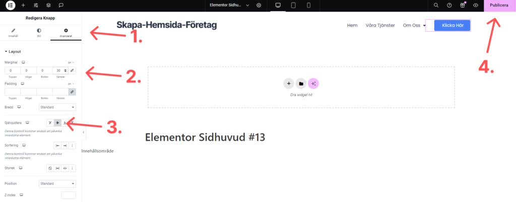 Redigera knapp i Elementor WordPress