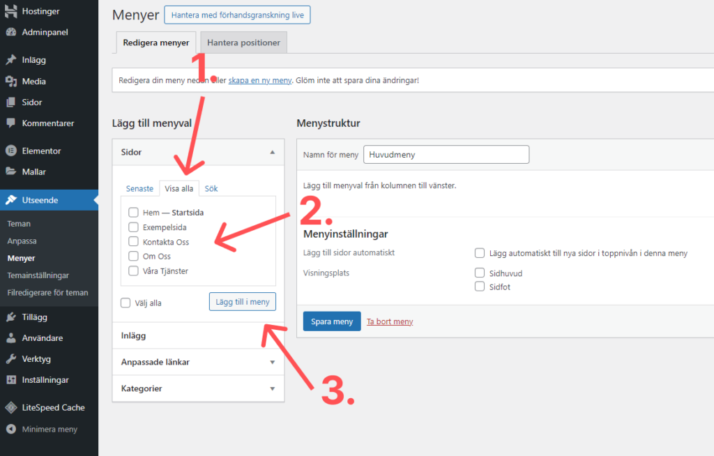 Skapa WordPress meny steg 2